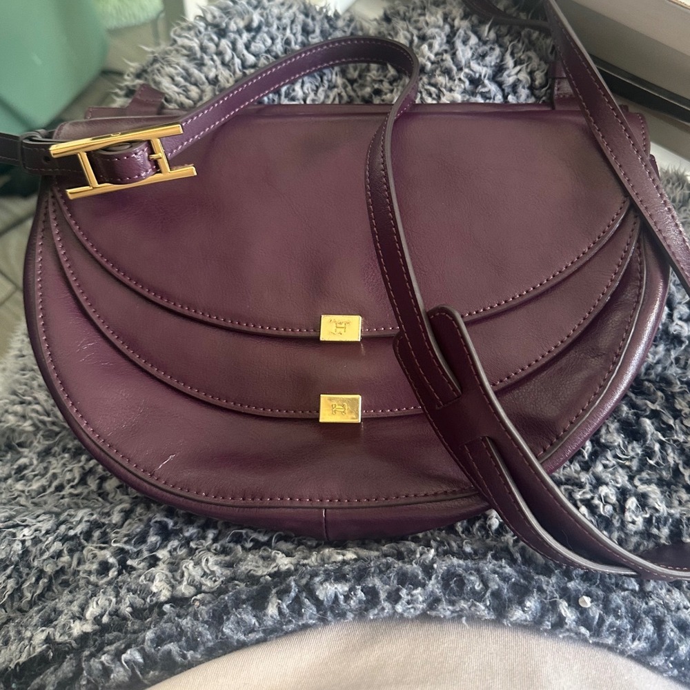 Halston Heritage Purple Leather Triple Flap Crossbody Bag Gold H Logo Plum